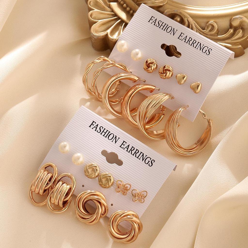 Exaggerated Geometric Butterfly Earrings Set: 12-Piece European and American Style Pearl Earrings for Women