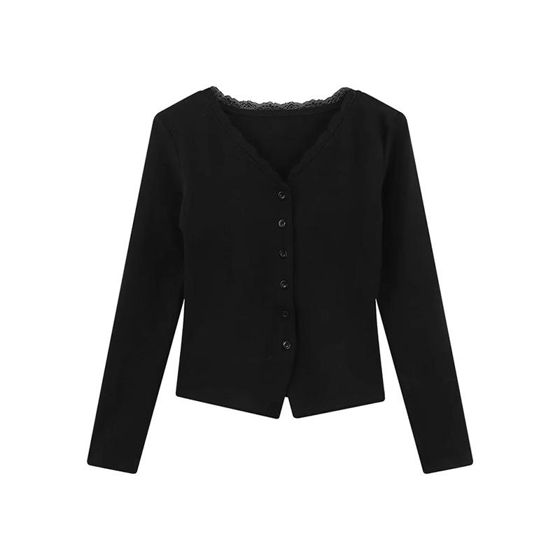 Elegant Lace-Trim V-Neck Slim Fit Long-Sleeve Top for Women - Spring Collection