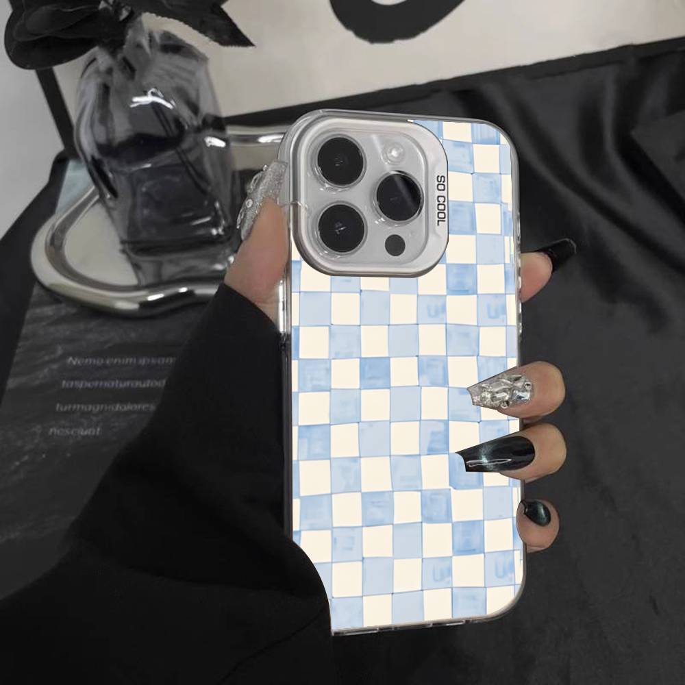 Ins Korean Blue Striped Grid Phone Case For iPhone 17,16,15,14,13,12,Pro,XS,Max,Plus,Mini,SE White Candy Matte Shockproof Cover