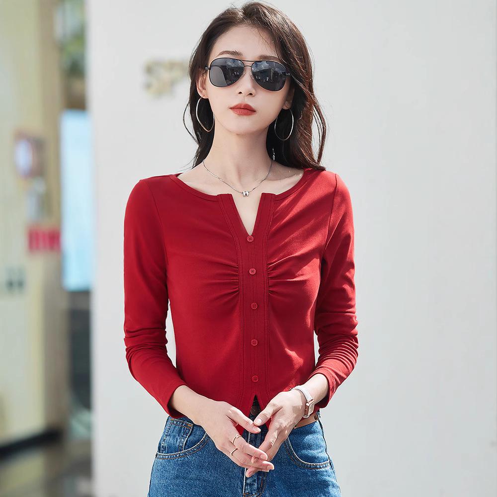 

Korean V-neck Long Sleeve Women s Pure Cotton Slimming Shirt - Spring/Summer 2025 Collection 3XL вина червоного кольору