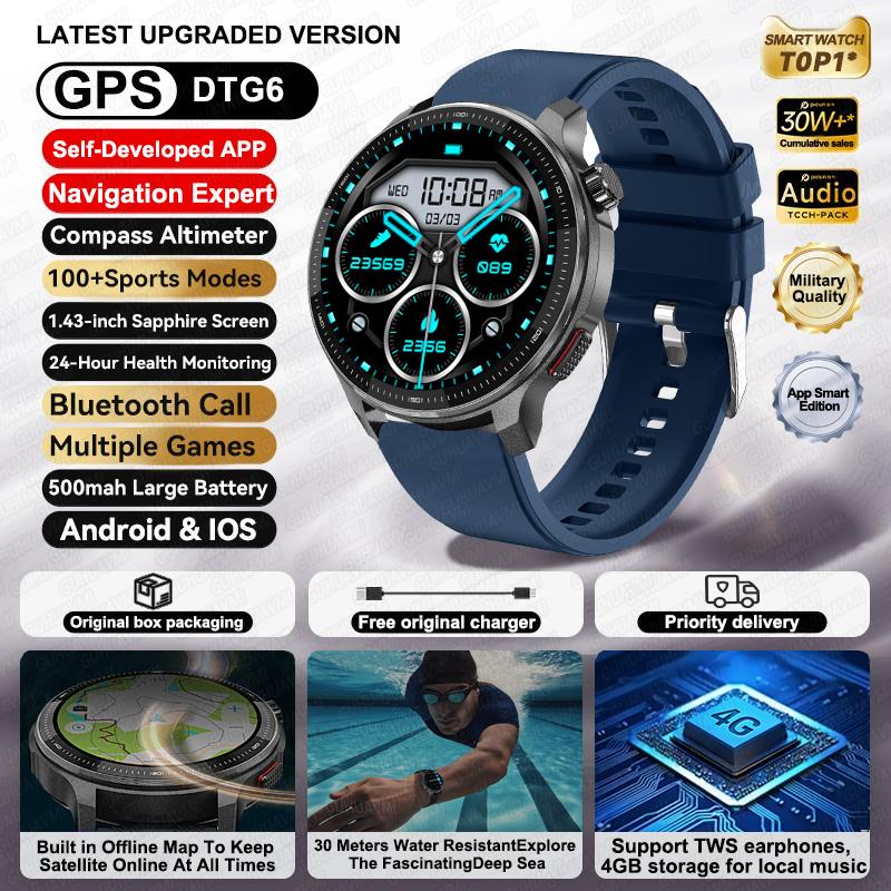 New GPS Offline Maps Smart Watch 1.43 AMOLED Military Sports Smart 4GB Memory Video Player 100m Swim Waterproof Bracelet Men GPS Track синий