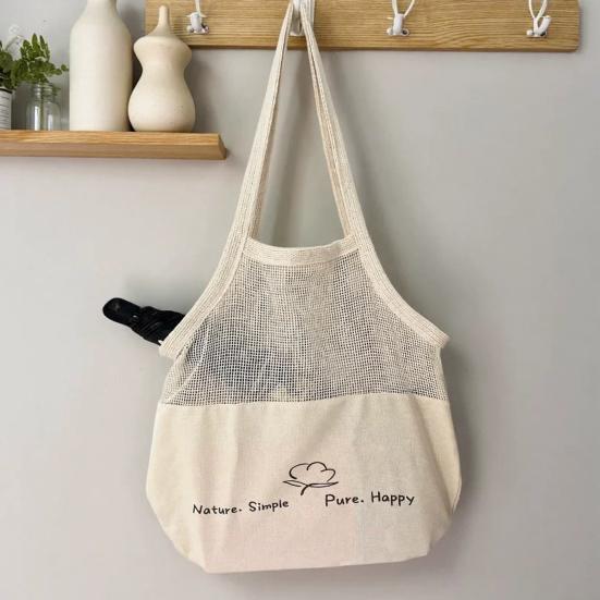 Xiaobudian Canvas Shopping Bag, Mesh Splicing Large Capacity Tote Reusable Washable Grocery for And Daily Use