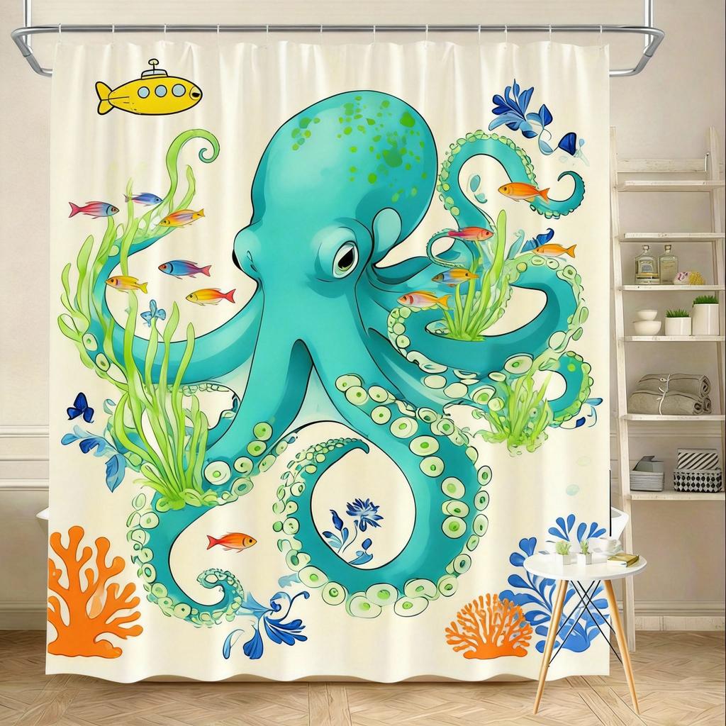 Octopus Shower Curtain Blue and White Porcelain Design, Artistic Ocean Creature Bath Curtain for Modern Bathroom Decor