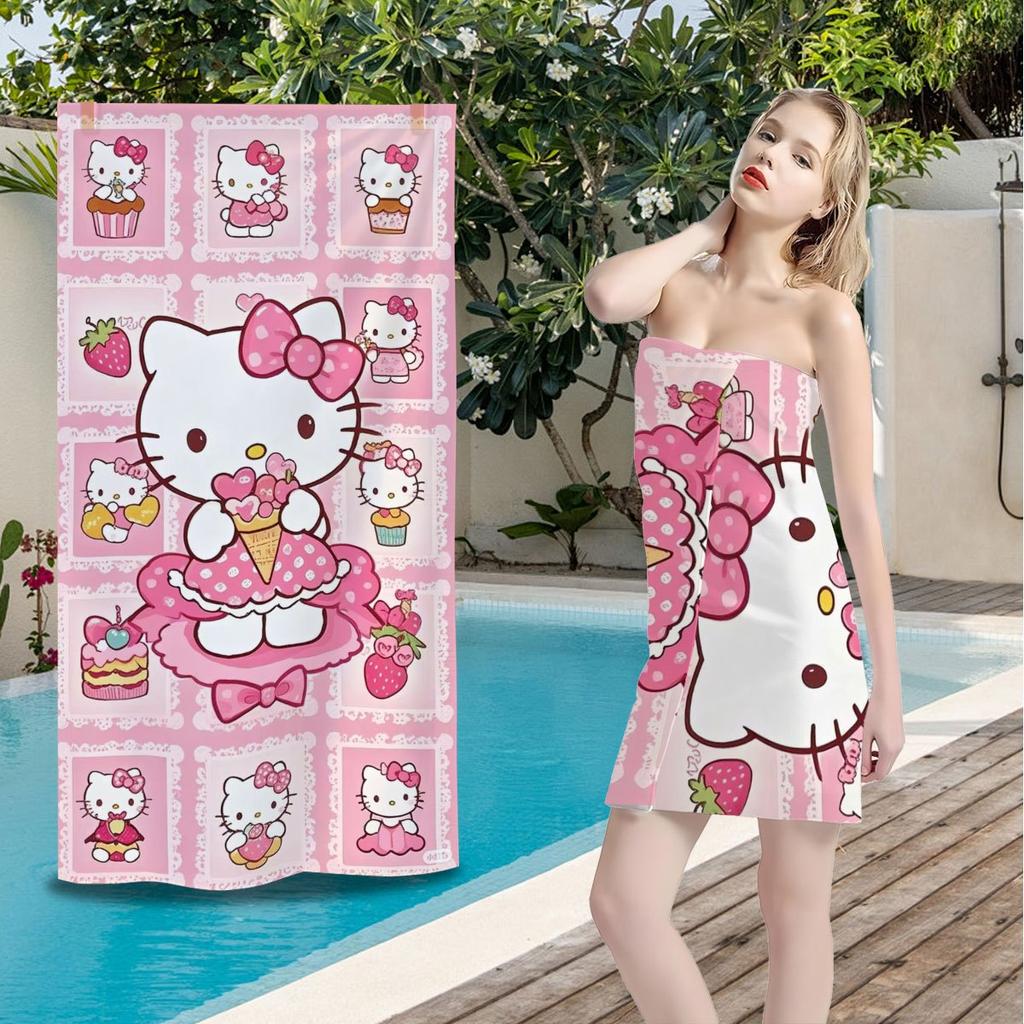 Kawaii Hello Kitty Strawberry Dessert Beach Towel Pink Lace Border Thin Durable Multipurpose Towel for Summer Outdoor Hiking