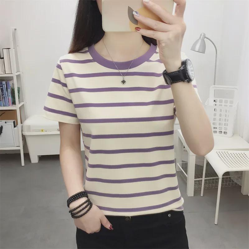 

2023 Летняя женская хлопковая полосатая футболка больших размеров - свободный крой, круглый вырез, короткие рукава
