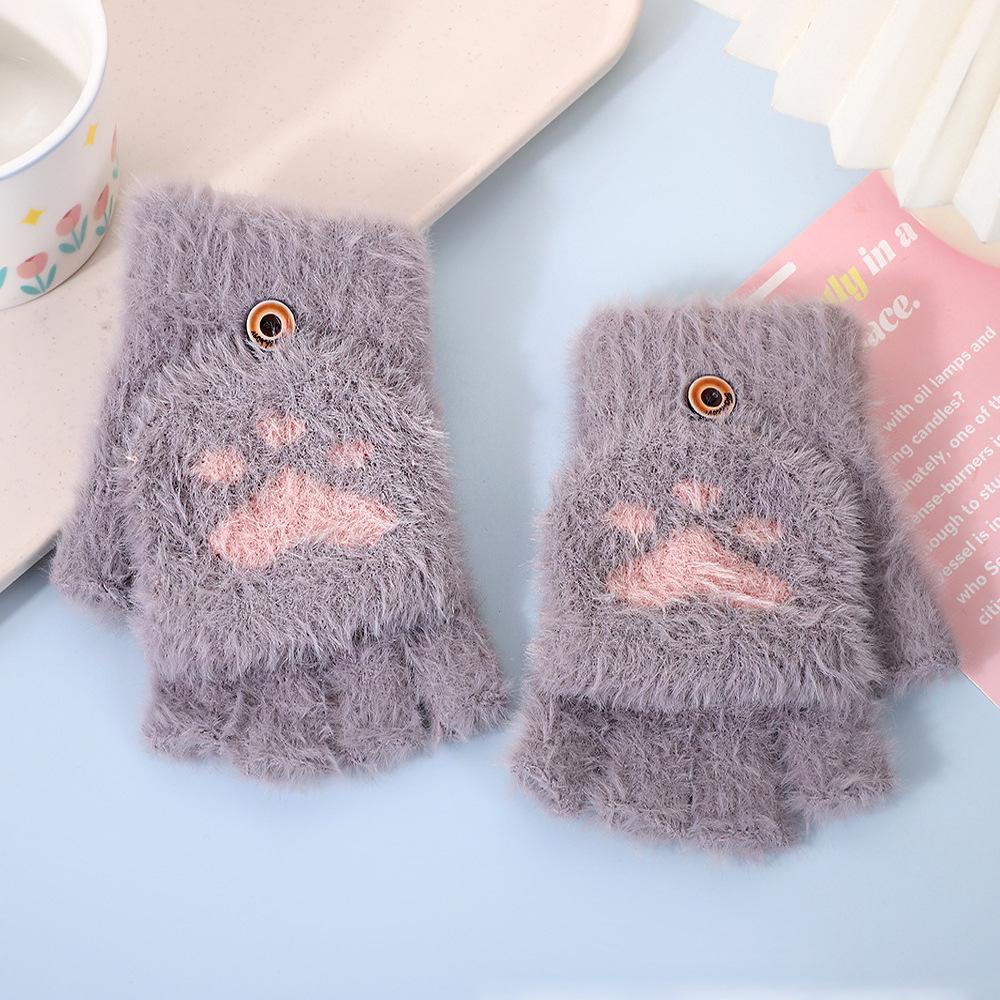 Korean Style Cat Paw Touchscreen Half-Finger Warm Gloves - Fleece-Lined Knitted Design for Students & Ladies