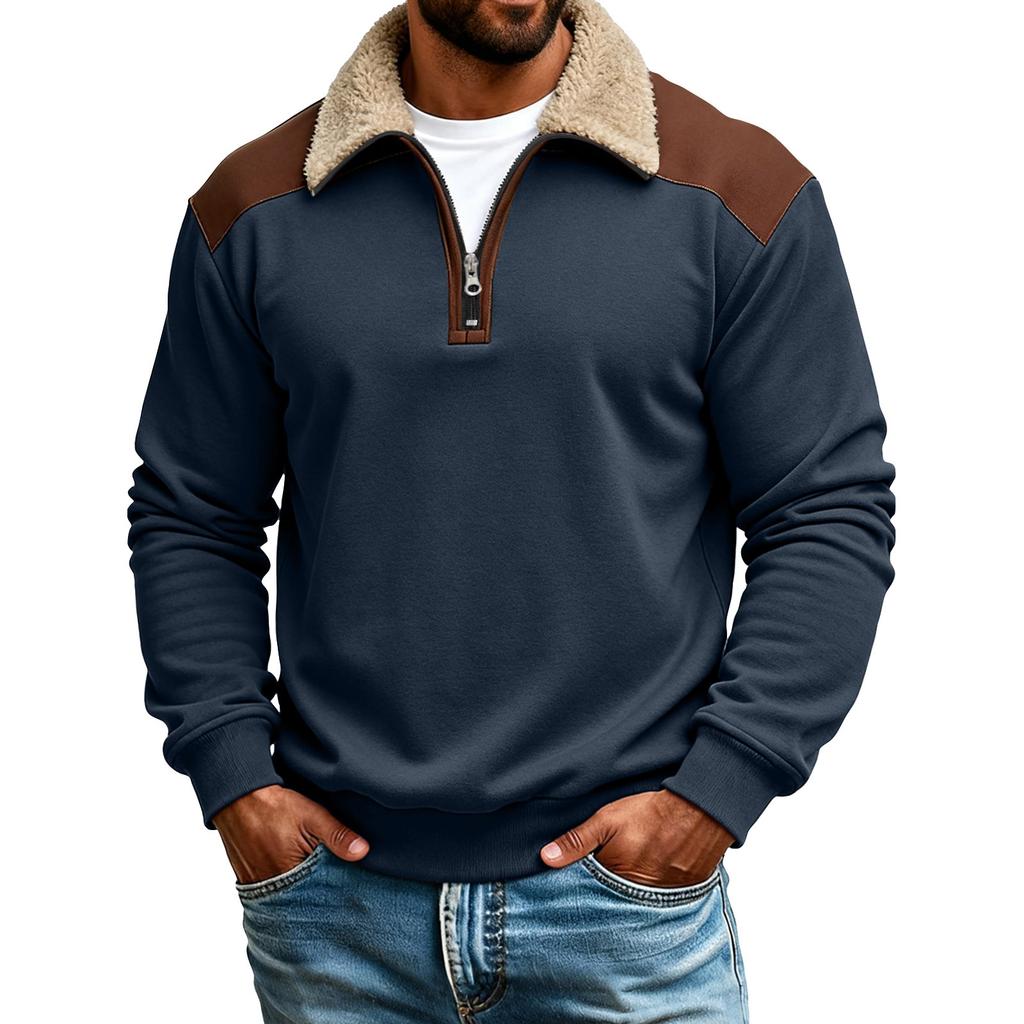 Pánská plyšová mikina s barevnými bloky, polovičním zipem a stojáčkem, pánská sportovní ležérní mikina plus size