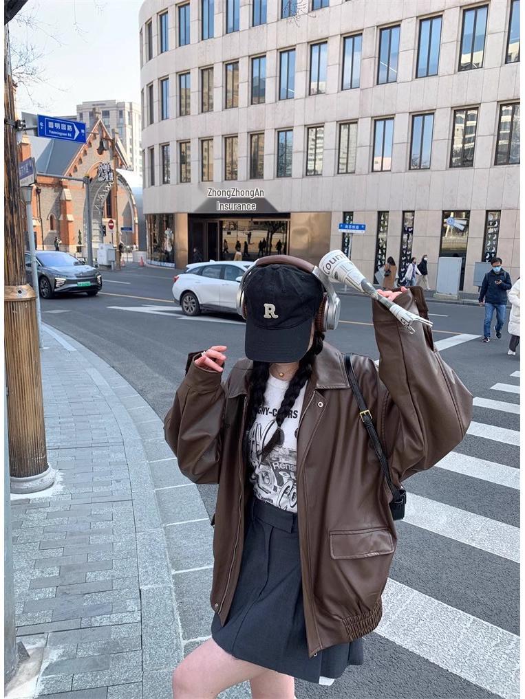 2024 Autumn/Winter Women's Coffee Brown Retro Slimming Leather Motorcycle Jacket