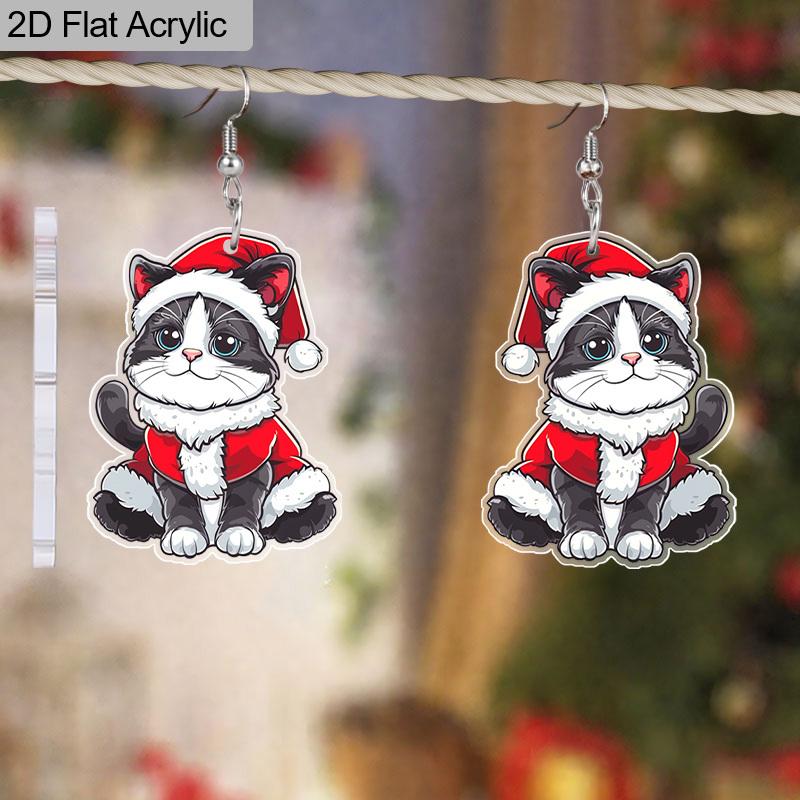 2D Flat Christmas Earrings Cute and Fun Acrylic Christmas Hat Black Cat Earrings Women's Holiday Party Accessories