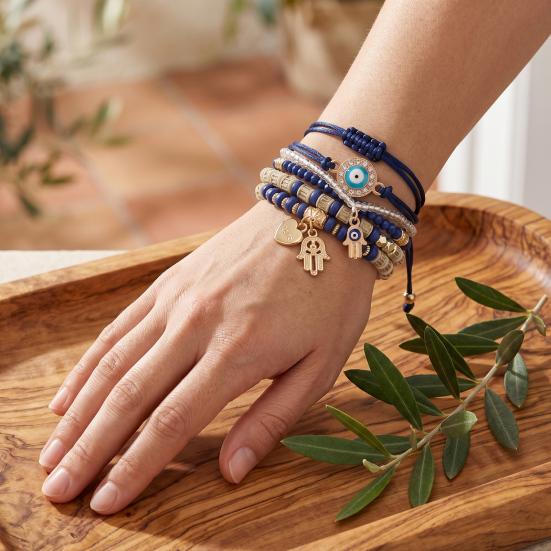 6Pcs/Set Women Bracelet Bohemia Style Elastic Rope Beads Bracelet with Palm Charm Adjustable Length Multi-layer Stackable Bracelets