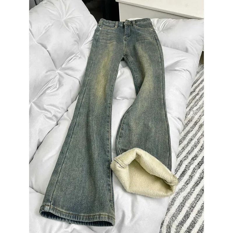 

Флисовые Утепленные Ретро Джинсы Клеш с Высокой Посадкой Женские Узкие Скинни Выстиранные Брюки для Мытья Пола XL
