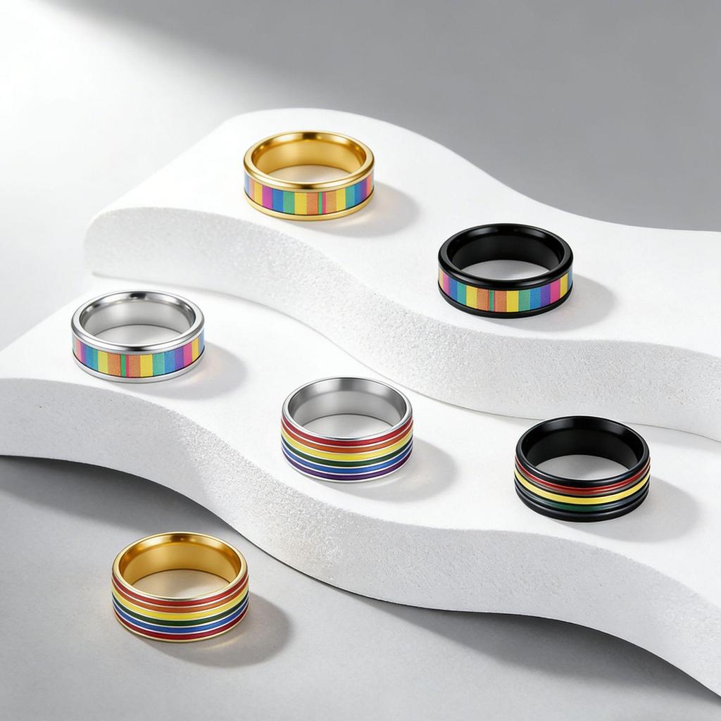 European and American Multi-color Rainbow Drip Oil Titanium Steel Couple Ring