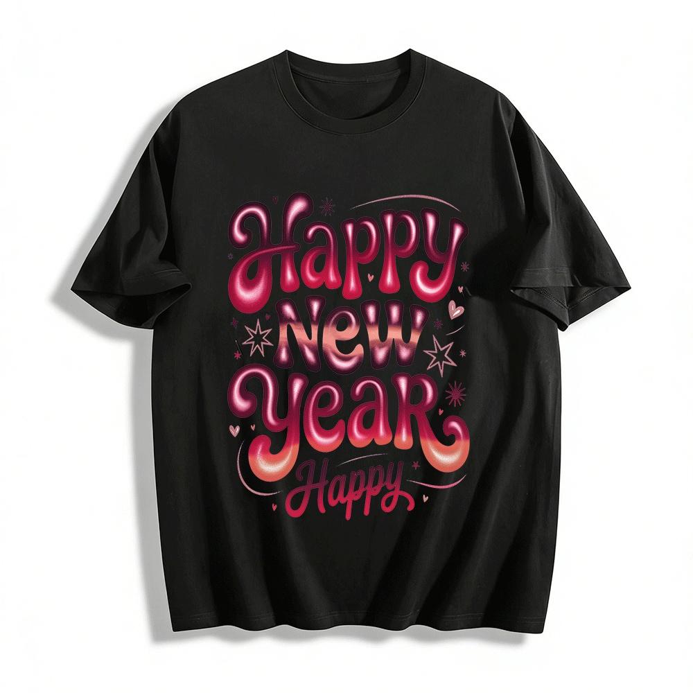 

Happy New Year Print Casual Top Pure cotton T-shirt 6XL