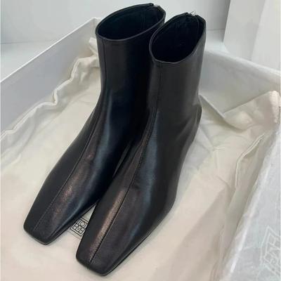 Leather Boots Women Autumn Winterblack Ankle Boots New Velvet Back Zipper Square Head Skinny Shoes Womens Low Heeled Short Boots