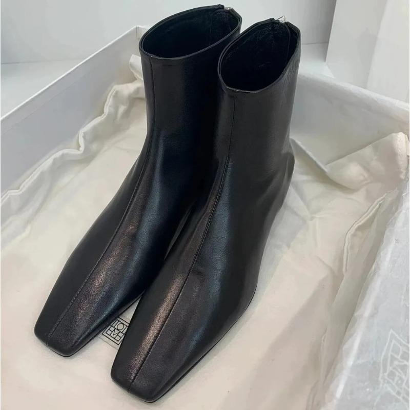 Leather Boots Women Autumn Winterblack Ankle Boots New Velvet Back Zipper Square Head Skinny Shoes Womens Low Heeled Short Boots