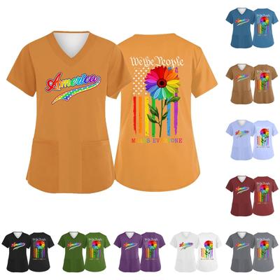 Camisa de Trabajo para Mujer con Cuello en V y Manga Corta con Bolsillos Estampado We the Means Uniforme del Día de la Independencia
