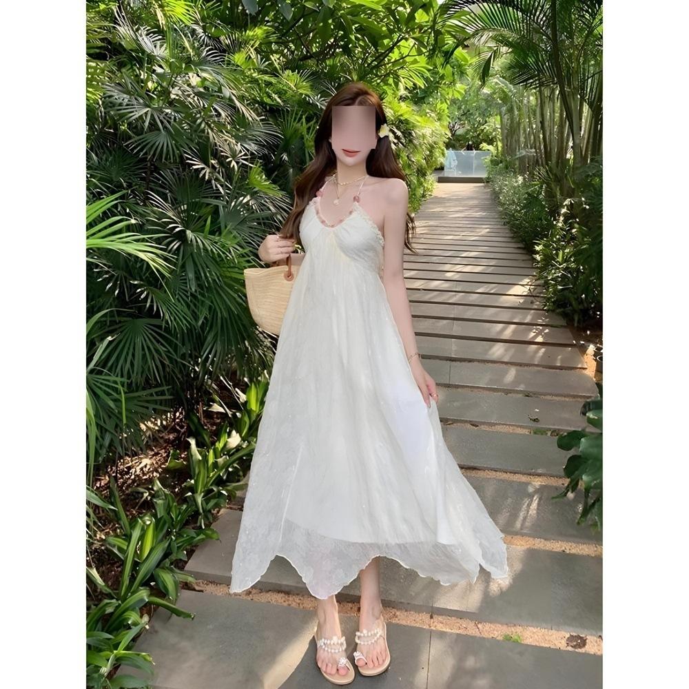 Summer Design Temperament Exposed Back Neck Suspender Dress Women's Seaside Vacation Style Elegant Lace-up Dress