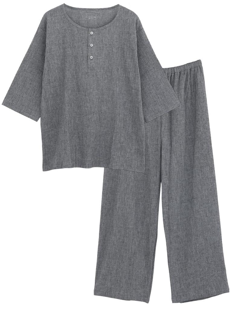 PAJAMA FAMILY Kaitak Family SUIMIN CARE Cotton Willow Pajamas with Henley and Sizes and LL Black Men's Japanese-Made 100% Neck, Spring, Summer, Fall,