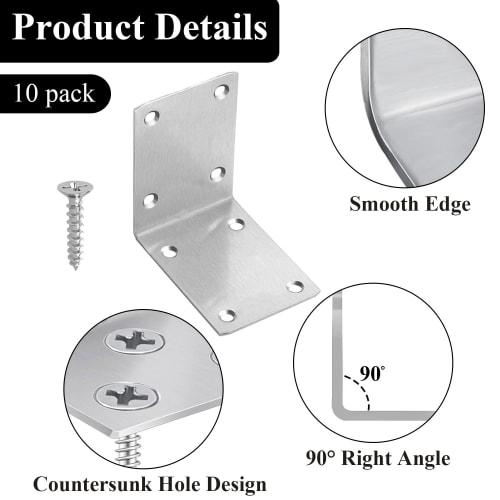Wopanxye 10-Piece Set of Stainless Steel L-Shaped Shelf Brackets, Fixing Plates, Flat, Wooden Furniture, Kitchen Cabinets, 90-Degree Right Angle, L-Sh