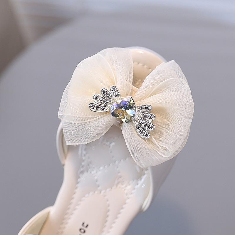 Butterfly Buckle Ribbon Bow Decoration Girls' Shoes, Shiny Leather Soft-Sole Princess Shoes, Peep-Toe Children's Princess Sandals