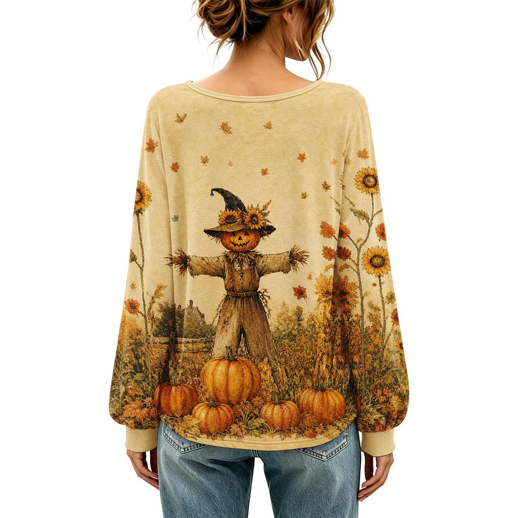 Women's Round Neck Long Sleeve Halloween Print Blouse Top for Party Wear