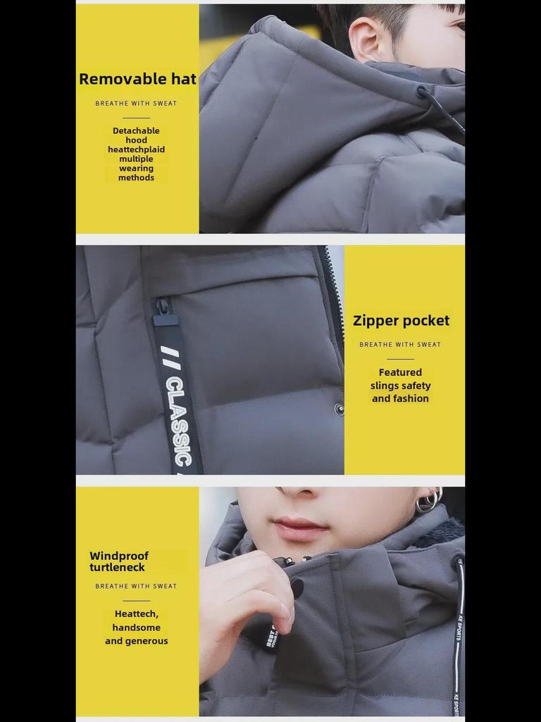 618 Men's Mid-Length Hooded Winter Jacket - Warm, Thick Plush Cotton-Padded with Ribbed M-Shaped Design