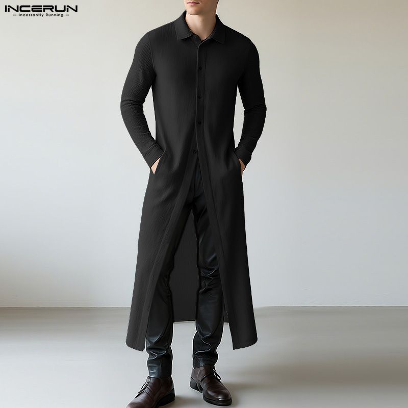 INCERUN Men Lapel Neck Long Sleeve High Splits Casual Long Cardigan Coats