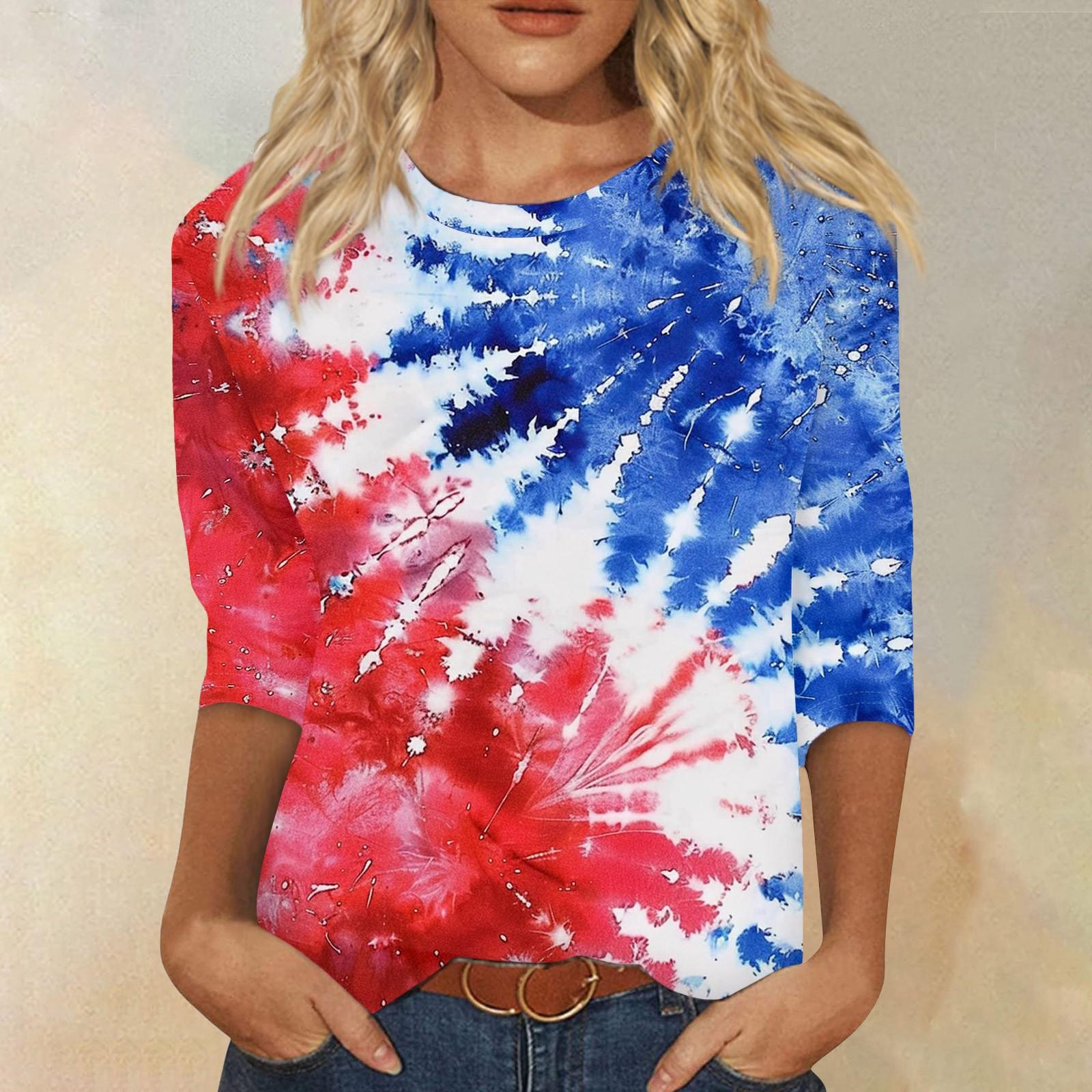 

Женский модный повседневный топ с круглым вырезом с рукавом три четверти и принтом ко Дню независимости S