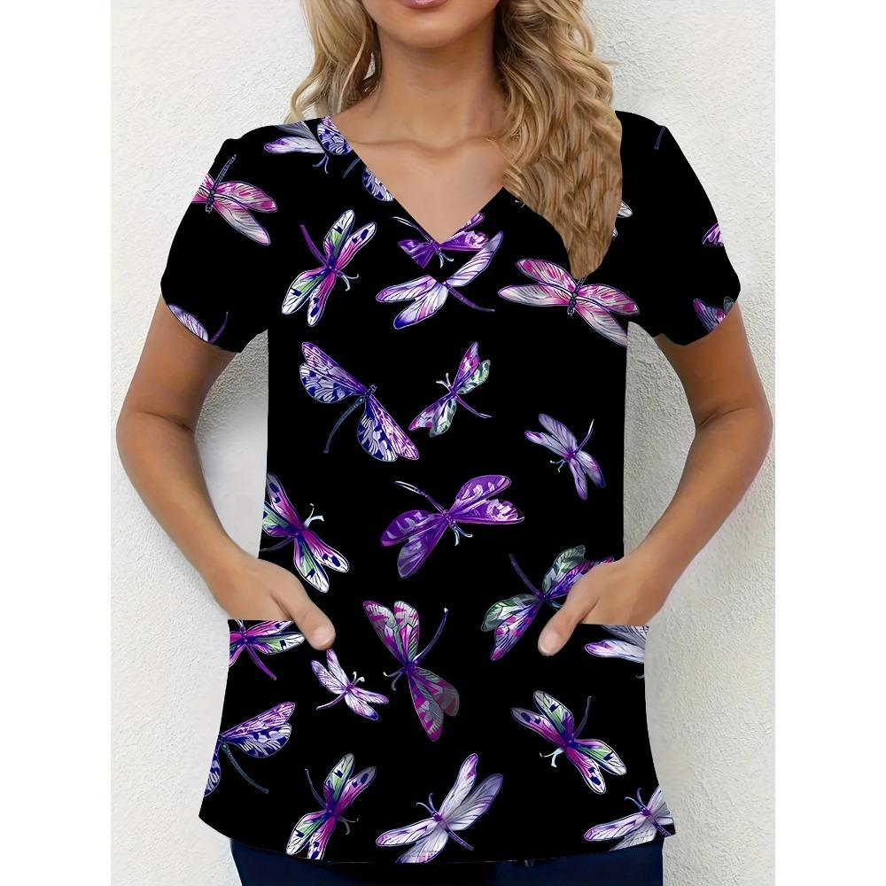 Butterfly Pattern 3D Print Dual Pockets V-neck Top Comfortable  Functional Care Short Sleeve Uniform for Nurse Women's Clothing