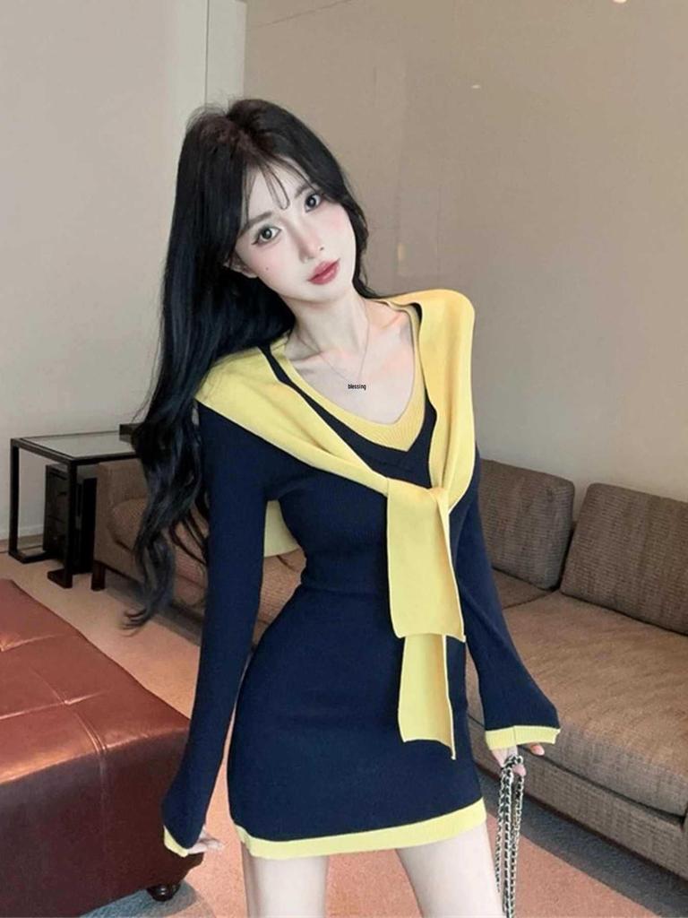 Women's Navy Collar Knit Dress: Spring Style, Sexy, Hip-Hugging, Two-Piece Look, Shawl Sweater Design
