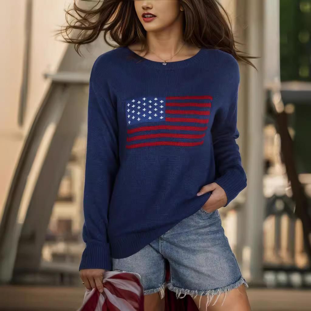 Autumn and Winter New Temu Hot Sale Crew Neck National Flag European and American Easter Independence Day Fashion Sweater Women