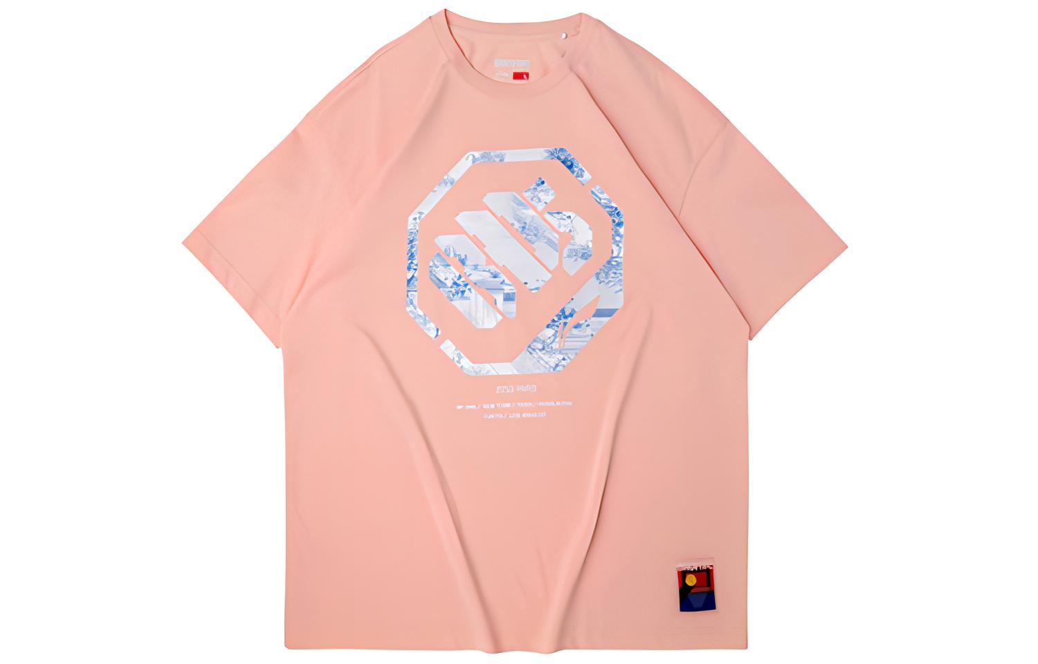 Li Ning T Shirts Men s Orange Pink Crew Neck Moderate Straight Fit AHSQ091-2 L