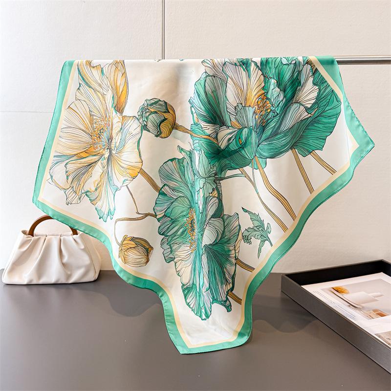 Flower Print 70Cm Square Silk Women's Scarf Spring Summer Beach Satin Scarves Shawl Headband Bandana Hijab Wrap Lady Neckerchief
