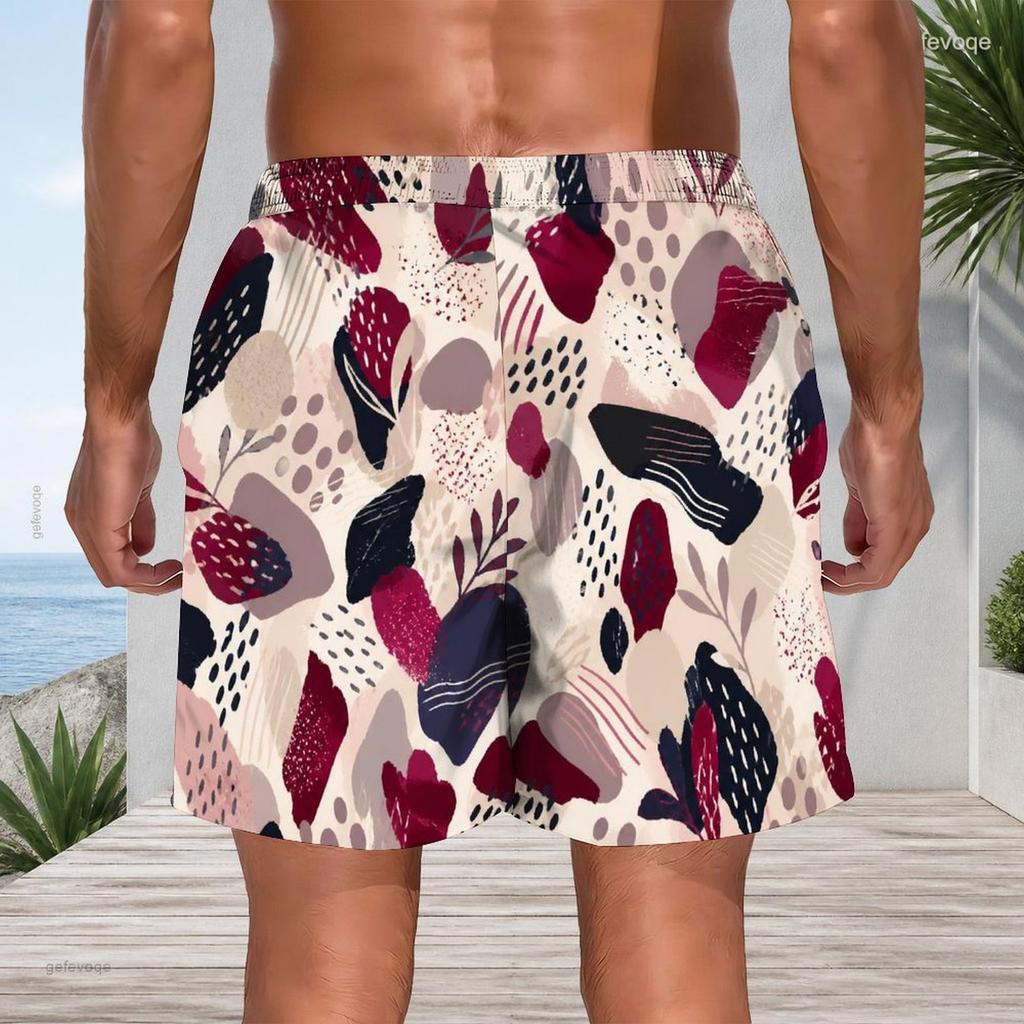 Men Plus Size Printed Beach Shorts Drawstring Waist Side Pockets Straight Leg