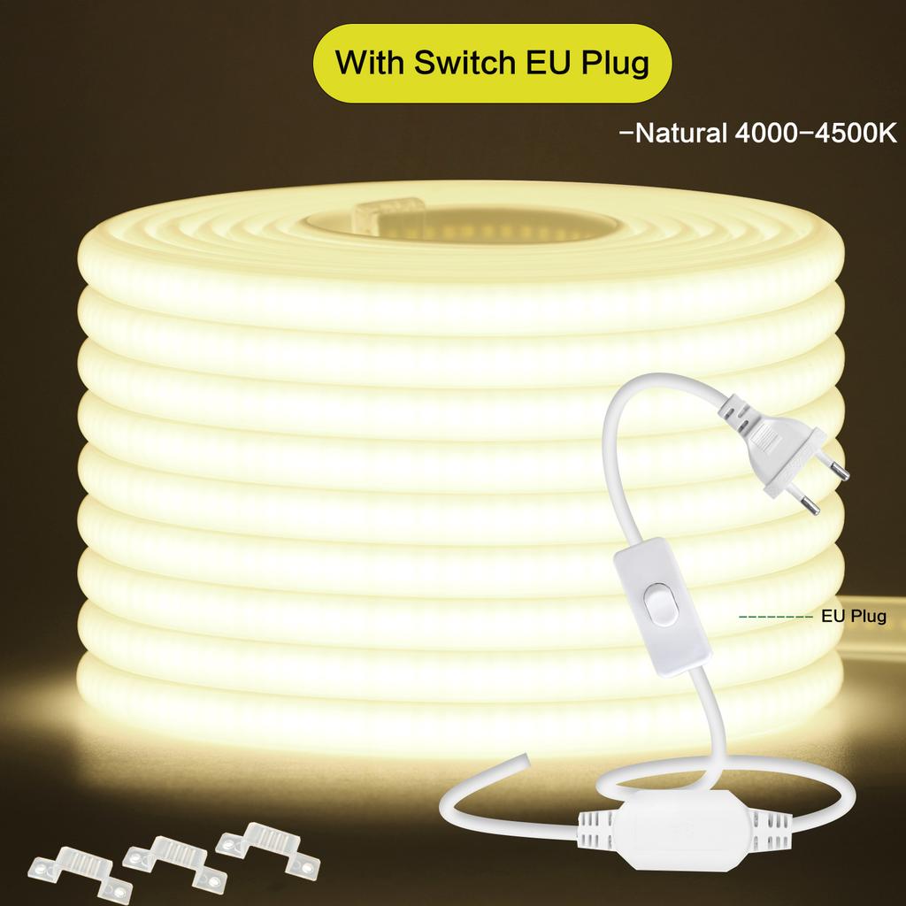 220V Dimmable COB LED Neon Strip Light 288 LEDs/M Waterproof With Switch Dimmer Plug For Garden Home Lighting