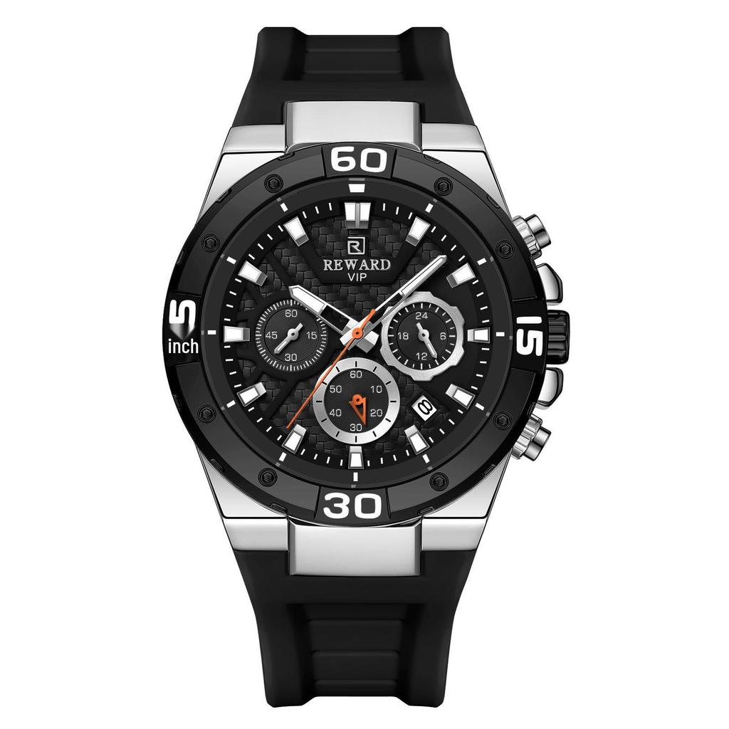 Reward Fashion Multifunctional Quartz Sports Watch: Waterproof, Luminous, Silicone Strap, Three-Eye, Six-Hand Design for Men.