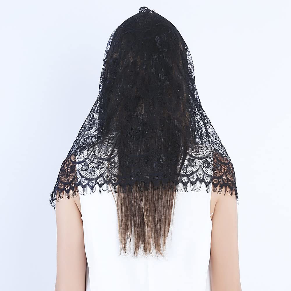Women Infinity Scarf Lady Mantilla Lace Catholic Veil Elegant Church Veil Head Covering Latin Mass Wedding Bridal Shawl Black