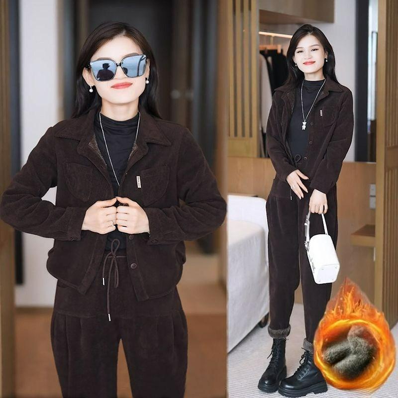 Winter Plus Velvet Thickened Casual Suit Women's Fashion Western Style Small Ladies Sportswear Two-piece Suit