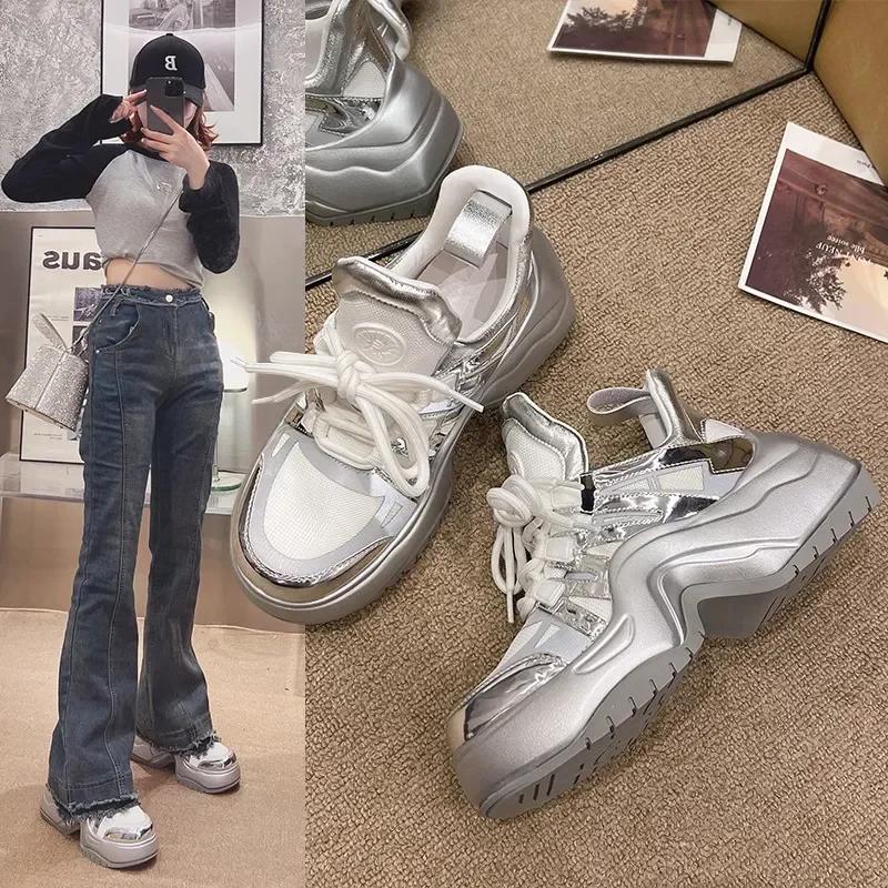 Chunky Sneakers for Women Spring Autumn New Thick Bottom Vulcanized Shoes Woman Mesh Breathable Lace Up Platform Sneakers2024