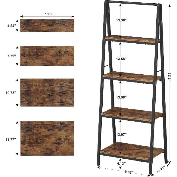 YIJIALEA Ladder Shelf, 4-Tier Leaning Ladder Bookshelf, Rustic and Wood Ladder Shelf Bookcase, Industrial Ladder Shelf Storage Rack for Home Office,