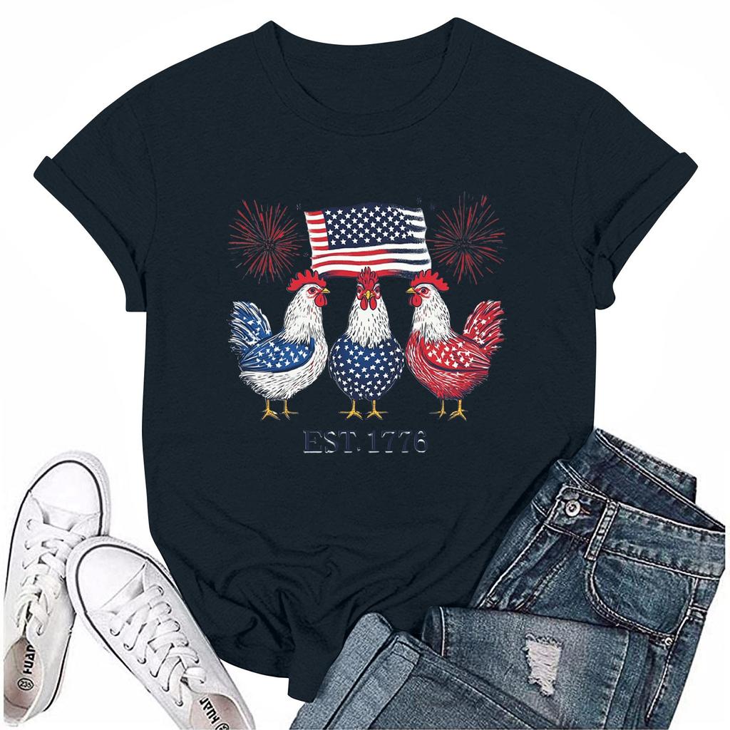 Camiseta feminina casual com estampa do Dia da Independência e gola redonda, manga curta