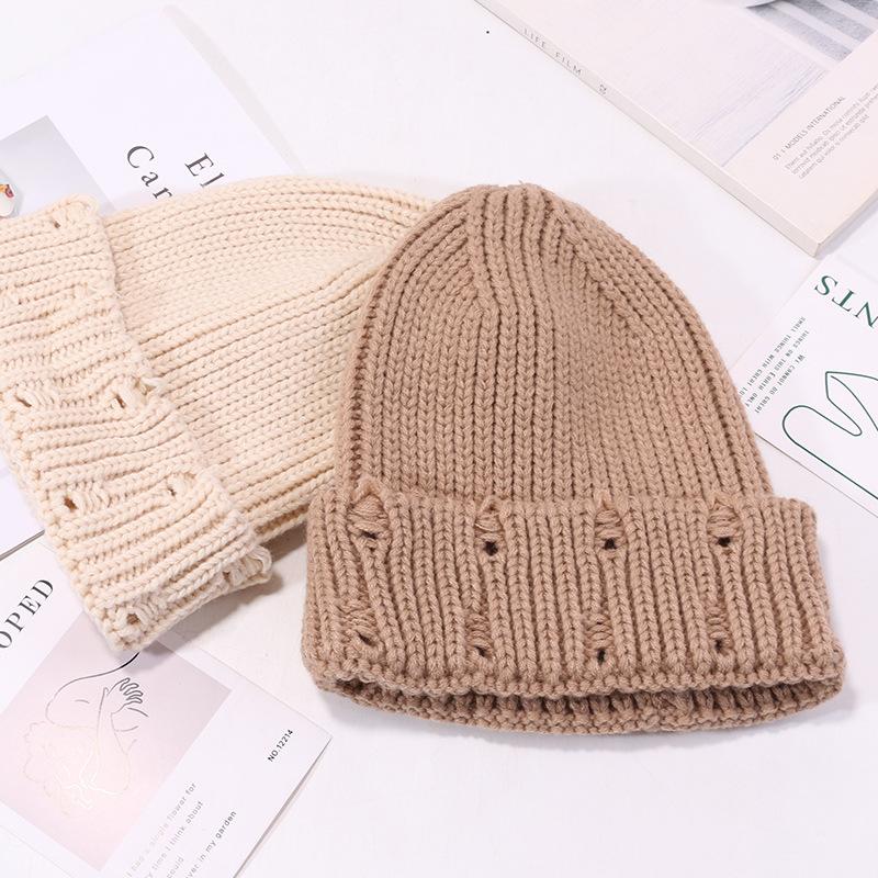 Hats for Men and Women  Solid Color Ripped Woolen Hats Japanese All Match Knitted Hats Autumn and Winter Warm Pointed Pullover Cold Hats