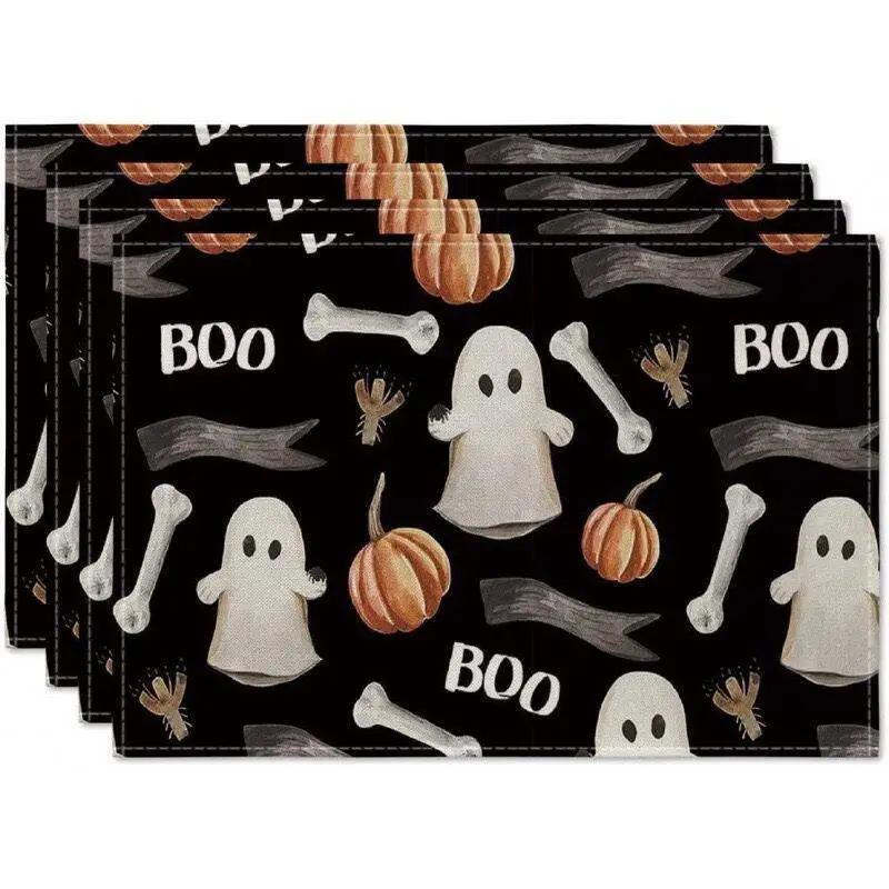 4PCS Halloween Table Placemats 30*45cm Linen Ghost Festival Atmosphere Table Mat Bat Pumpkin Spider Web Dining Table Decorations