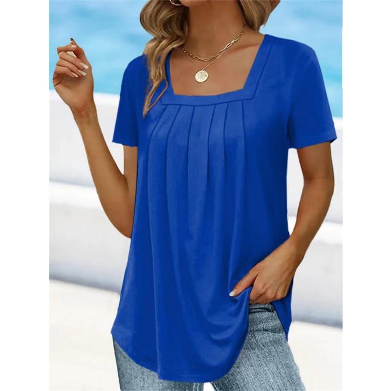 T-shirt d'été à manches courtes pour femmes, plissé, à col carré, grande taille, couleur unie, haut ample, mode élégante pour le bureau, décontracté simple