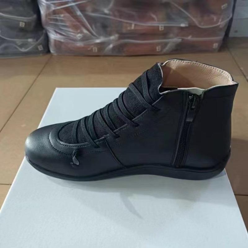 Evropské a americké zahraniční obchodní kulaté špičky krátké šněrovací kožené kozačky dámské přeshraniční retro boční zip plochá podrážka martensky