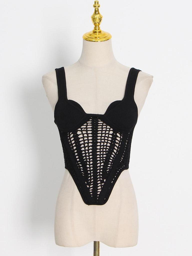 Colete Sexy Feminino Estilo Europeu e Americano Espinha de Peixe - Decote Baixo, Design Vazado, Top Suspensório Combina com Tudo