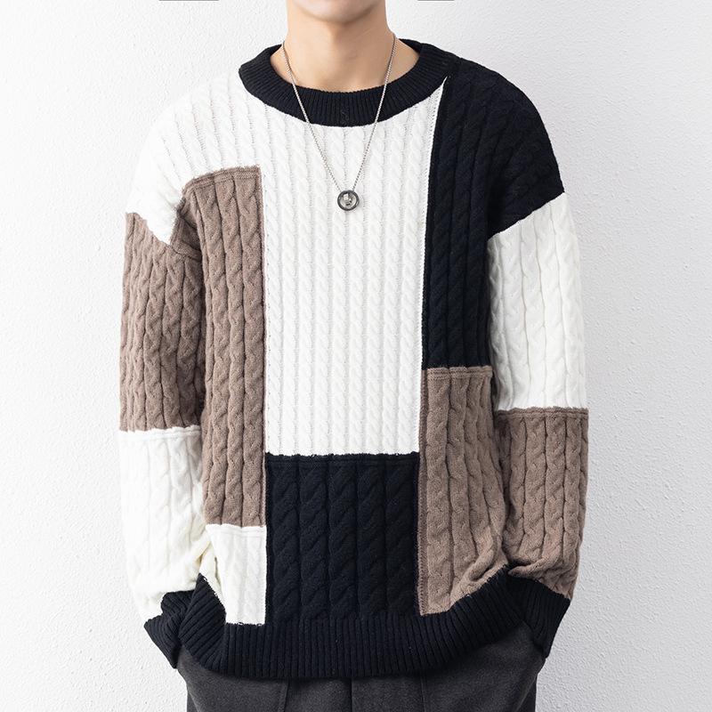 Men's Retro Color Block Slim Fit Sweater - Youthful Lazy Style Round Neck Knitwear Top for Autumn and Winter