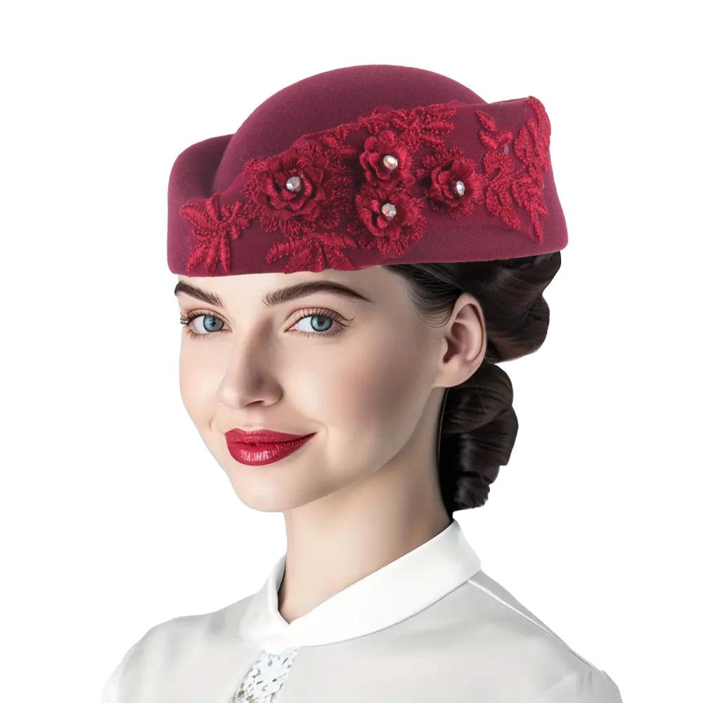 Felt Turban Hat Vintage Rhinestone Flower Church Beret Hats Women Stewardess Party Cosplay Cap Costume Accessory