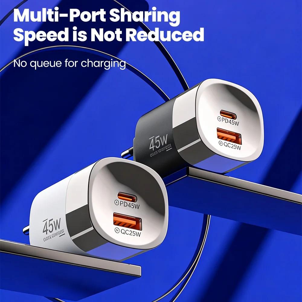 Carregador de Celular 45W USB Tipo C Carga Super Rápida 2 Portas Carregador de Parede Adaptador USB PD Para iPhone Realme Huawei USB C carregador