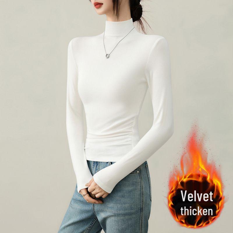 Women s Black High Neck Velvet Base Layer Shirt - Slim Fit Long Sleeve Top for Autumn/Winter 2025 Trend L
